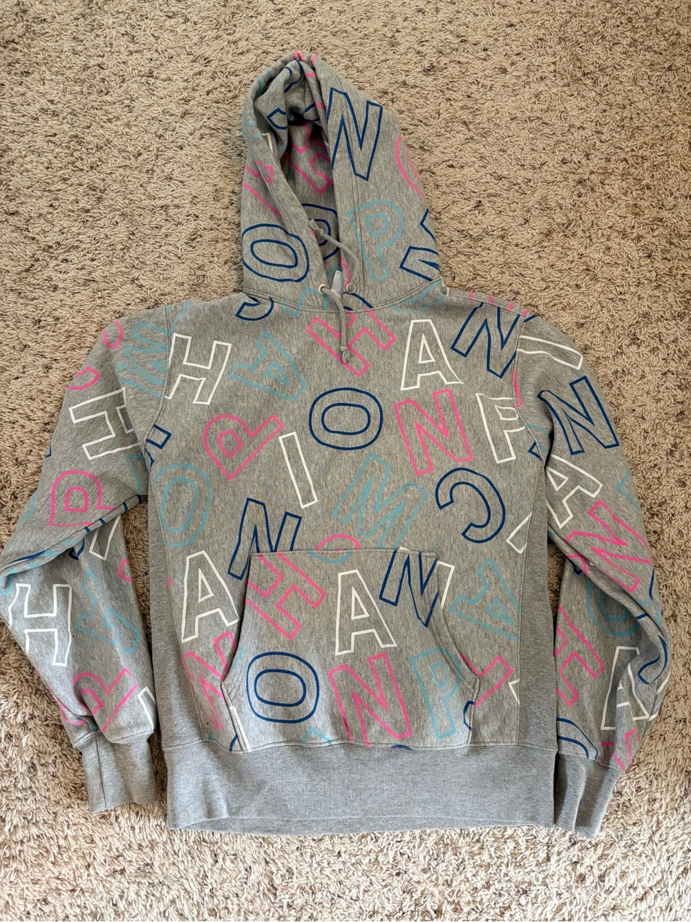 Champion Reverse Weave Gray Hoodie All-Over Colorful Letter Print Size Large